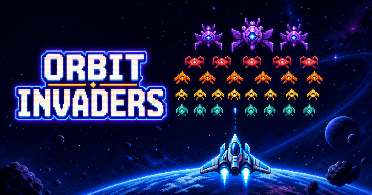 Captura promocional real de Orbit Invaders con la nave del jugador frente a una invasión alienígena en la órbita terrestre
